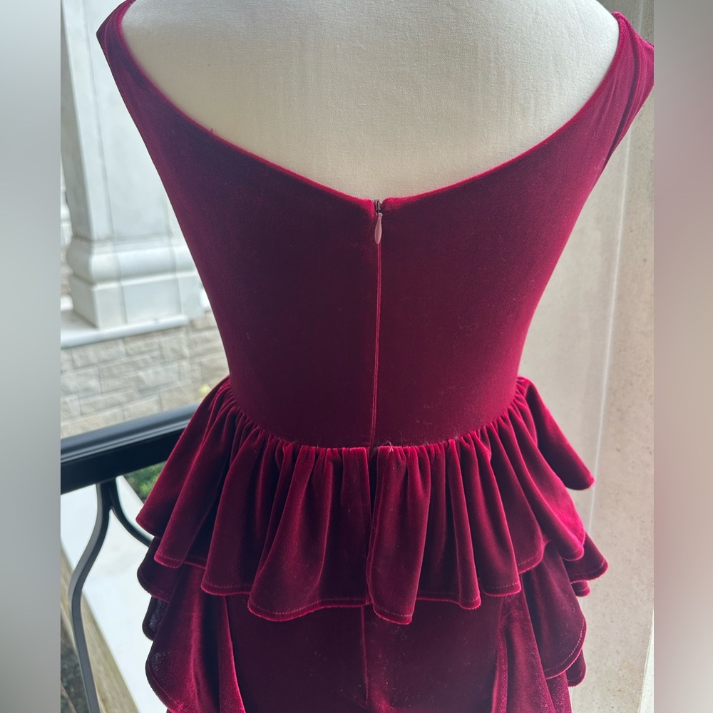 ASOS Red Velvet V Neck Peplum Ruffle Mini Dress (Size 4) - Picture 6 of 11